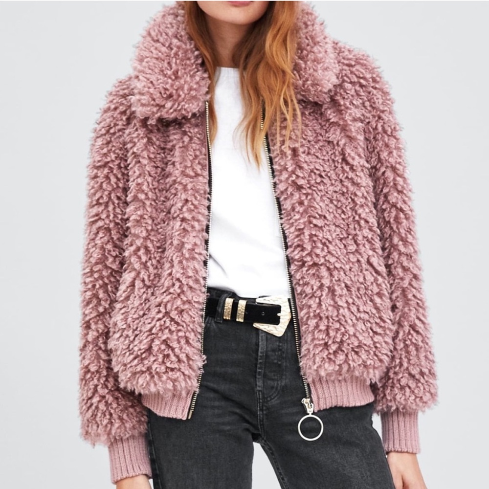 Zara Faux Shearling Pink Bomber Jacket